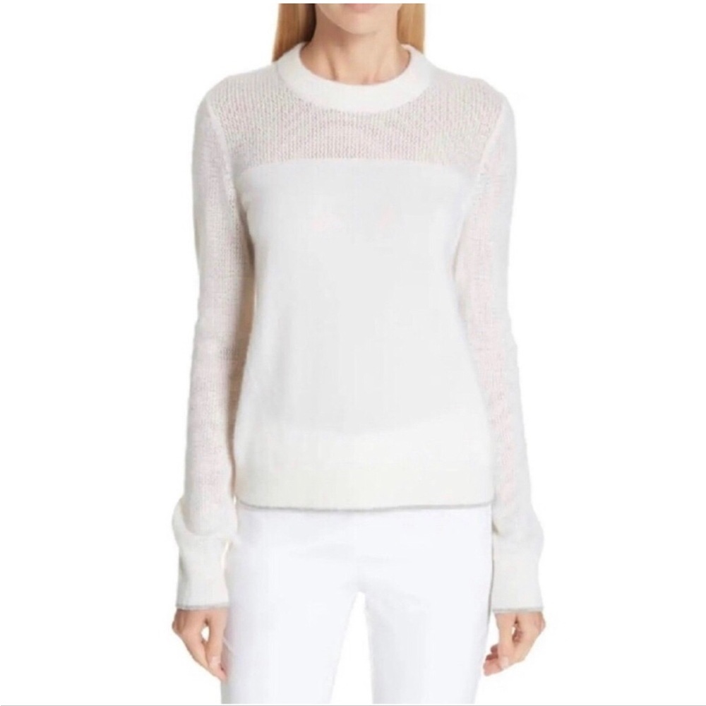 John + Jenn Winter White Crewneck Fuzzy Mesh Sheer Sweater Size Large y2k 90s